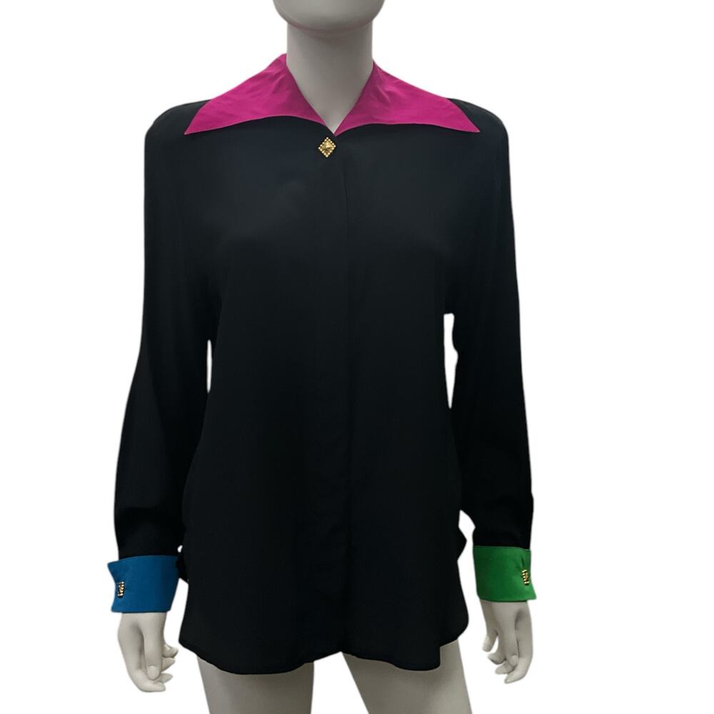 Laurèl Button-Down Blouse Women’s Sz 4 Silk Multicolor with Gold Ornate Buttons